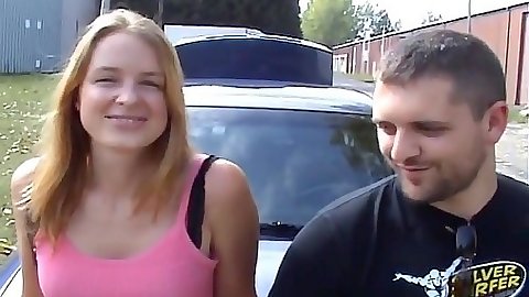 Young looking tasty amateur blond sucks cock in the car