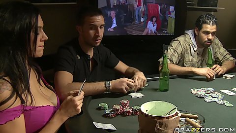 Sexy busty mommy playing poker with no money