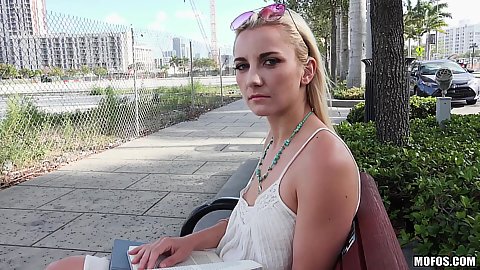 Blonde girl Jade Amber picke dup with cash in public on the bench