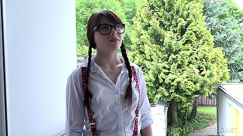This naughty 18 year old skinny nerd girl Luna Rival wearing smart glasses and here to study for exams with some cock