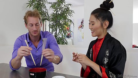 Asian fully clothed in kimono Katana offering up some food and dick blowing