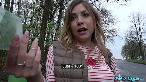 Naive Paulina Soul accepts cash on a public road and flashes her pussy to us and give head in the bushes