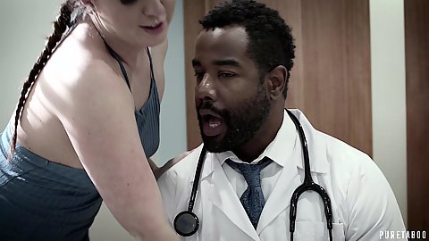 Perverted doctor interracial small chested in a blue dress Maddy OReilly visiting his office to have pussy and ass checked