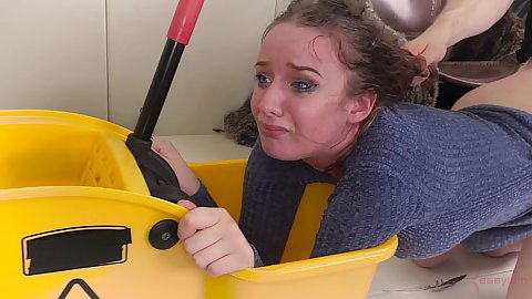 Jessica Kay hair pulling face in a mop bucket humiliation and very painful punishment from the rear ass ripping and screaming