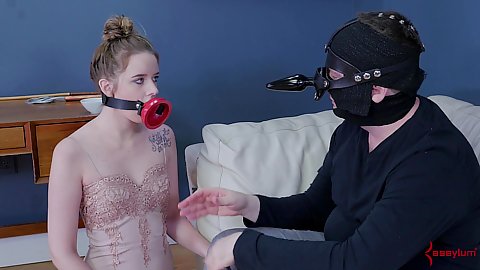 Jessica Kay with a muzzle on her face ready to obey with foot worship maledom Jessica Kay licking off guys does