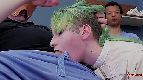 Deep throat gagging two men have a green haired straightjacket patient today Paige Pierce she will feel the pain and her ass will hurt