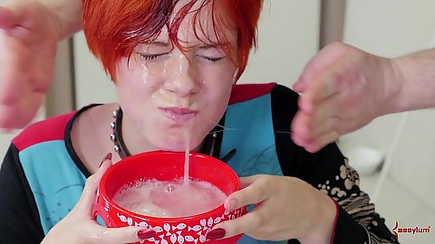 Cum and spit mix drinking while getting face slapped in a humiliated way from deep throat girl Ava Little enjoying rough oral treatment