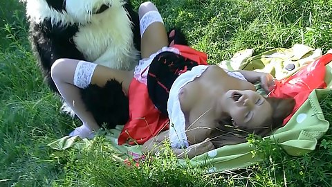 Lupe Burnett wanted to have a fairy tale cosplay fuck with her huge strap on panda friend in the forest