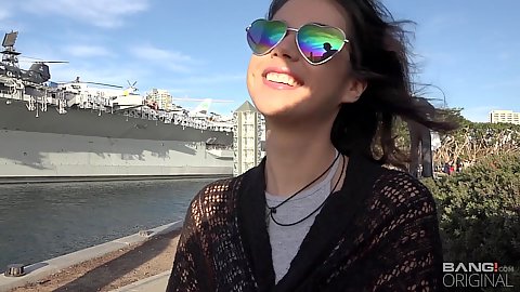 Outdoors in public with braless sunglasses wearing girl Penelope Reed looking to make it big in hollywood