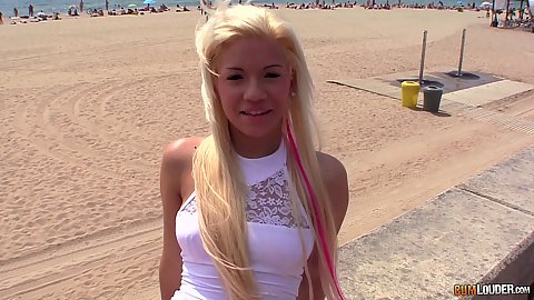 Smiling blonde teen Bibi Noel flashing her ass in public by the beach gets picked up for oral services