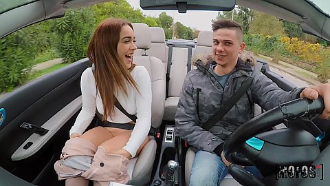 Picked up redhead teen Ginebra Bellucci to drive around in our convertible car she takes off her pants flahes vagina gives road head blowjob while driving and plays with herself while we pass people on the sidewalk