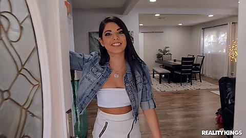 Little shirt wearing smiling latina gf Gina Valentina happy to see her friend and ready to make out after spending the day