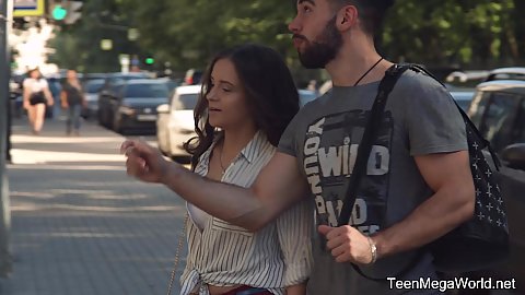 Outdoors on the public street walking around with amateur teen girlfriend Mickey Moor taking her home and hugging leads to foreplay and cunnilingus