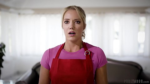 Blonde apron wearing housekeeper Candice Dare gets caught off guard by a pair of burglars offering her a double blowjob in the living room