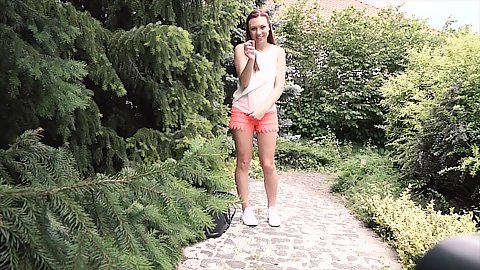 Lusty brunette teen Morgan Rodriguez wearing shorts public outdoor having a conversation