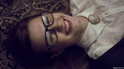 Petite brunette nubile school girl Alaina Dawson appreciating wearing glasses indoor cock through zipper oral blowing